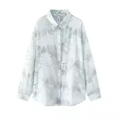 Semir camisa de manga larga para mujer de longitud media de gran tamaño ajuste relajado 2025 nueva camisa de verano con estampado completo de tinta para estilo moderno y artístico - comprar en línea