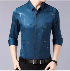 Imagen de Camisa estampada de manga larga informal y de moda para hombre, top de negocios sin planchar y resistente a las arrugas