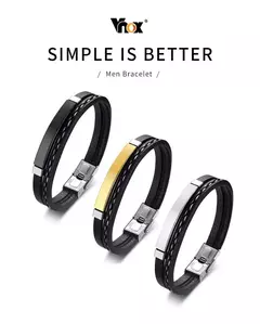 Vnox, pulseras de cuero genuino con líneas de coser únicas para hombres y mujeres, brazalete en capas con barra de acero inoxidable, Pulseira informal - comprar en línea