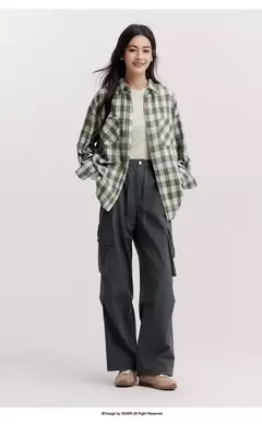 Semir camisa de manga larga para mujer estilo medio largo de gran tamaño primavera 2025 nueva primavera Top a cuadros Vintage en internet