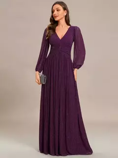 Vestido de noche elegante Maxi largo con cuello en V y mangas largas Cintura alta 2025 Ever Pretty of Sparkle Vestido de dama de honor morado brillante en internet