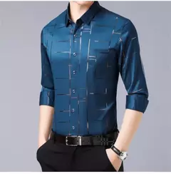 Imagen de Camisa estampada de manga larga informal y de moda para hombre, top de negocios sin planchar y resistente a las arrugas