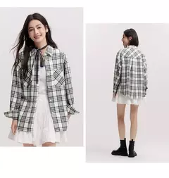 Semir camisa de manga larga para mujer estilo medio largo de gran tamaño primavera 2025 nueva primavera Top a cuadros Vintage - comprar en línea