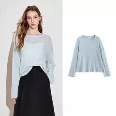 TOYOUTH-Camiseta de manga larga para mujer, Tops de punto con cuello redondo y manga larga romántica transparente, primavera 2025, 2025 en internet