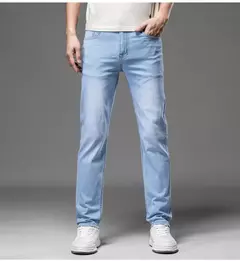 2025 marca Top estilo clásico hombres Primavera Verano Jeans negocios Casual azul claro estiramiento algodón Denim pantalones masculinos en internet