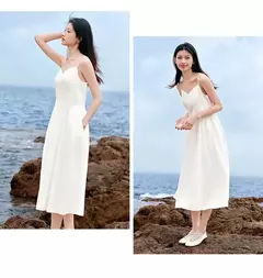 Semir-vestido adelgazante con cuello en V para mujer, a la moda ropa elegante y, de algodón puro, Estilo Vintage, verano, 2024 - online store