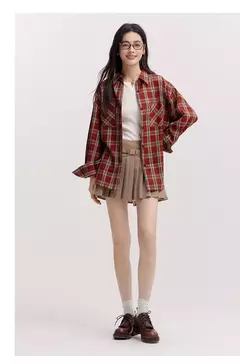 Semir camisa de manga larga para mujer estilo medio largo de gran tamaño primavera 2025 nueva primavera Top a cuadros Vintage - Eleganzie