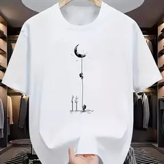 Image of Camiseta holgada informal de algodón puro 100% de verano para hombre, camiseta de manga corta con estampado de aterrizaje de Luna de talla grande y cuello redondo