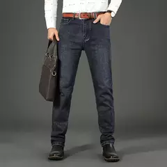Image of Pantalones vaqueros clásicos de moda de negocios para hombre, pantalones vaqueros informales rectos elásticos azules y negros para trabajo, ropa de marca para hombre