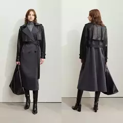 AMII gabardina minimalista para mujer 2024 Otoño Invierno nueva sarga empalmada de cuero PU prendas de vestir exteriores largas para ir al trabajo 12444001