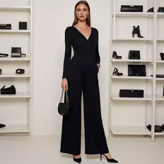 Imagen de Mia Muse-monos para mujer, para todas las estaciones, francés, elegante, Color sólido, cintura en diseño, manga larga, cuello pronunciado, pierna ancha, adecuado para