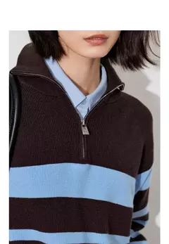 TOYOUTH-suéter de punto para mujer, suéter con capucha y cuello tipo Polo con cremallera a rayas, otoño e invierno, 2024 - Eleganzie