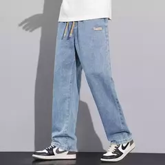 Pantalones vaqueros elásticos de cintura elástica para hombre, ropa de calle suelta, longitud completa, pantalones vaqueros rectos de pierna ancha con cordón, azul oscuro - online store