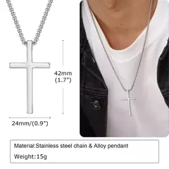 Collar de cruz Vnox para hombres y mujeres, collar con colgante de cruz lisa de color plateado con cadena de caja de acero inoxidable - Eleganzie