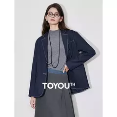 TOYOUTH-Chaqueta vaquera falsa para mujer, traje de talla grande con cuello de solapa, manga larga, color azul marino, otoño 2024