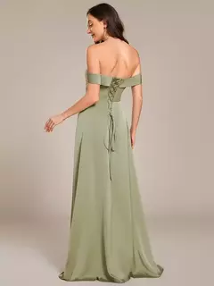 Vestidos de noche elegantes con hombros descubiertos, mangas cortas plisadas hasta el suelo, vestido de dama de honor verde salvia de corte A, 2025 - Eleganzie