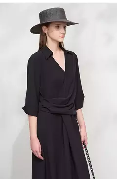 Image of AMII vestido minimalista mujer 2025 primavera nuevo elegante Oficina señora solapa cuello pico ajustado no elástico plisado hasta la rodilla vestido acampanado 12521027
