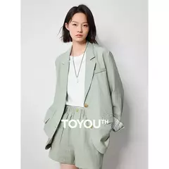 TOYOUTH-Blazer de lino para mujer, chaqueta de oficina con cuello vuelto, ropa de trabajo, novedad de verano, 2024