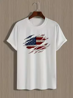 Camiseta de manga corta con cuello redondo y estampado de bandera americana para hombre, 100% algodón, talla grande, informal, de verano - Eleganzie