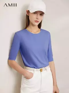 AMII minimalismo 2025 camisetas de verano para mujer nuevo algodón elástico media manga recta sólida básico Oficina señora Tops 12412016 - tienda en línea