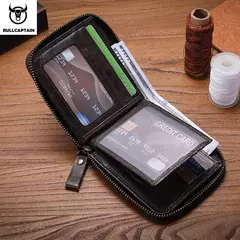 Cartera Bullcaptain retro RFID con cremallera y compartimento para hombre, tarjetero RFID, mini cartera de cuero antirrobo para hombre