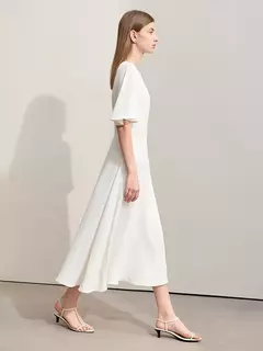 Amii-Vestidos minimalistas de verano para mujer, traje liso con cuello redondo, malla empalmada, manga larga con volantes, cintura francesa, 2024 - comprar en línea