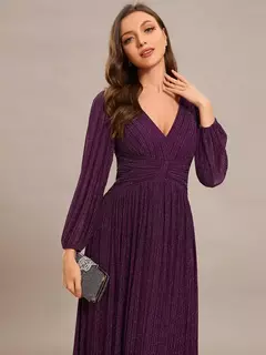 Vestido de noche elegante Maxi largo con cuello en V y mangas largas Cintura alta 2025 Ever Pretty of Sparkle Vestido de dama de honor morado brillante - tienda en línea