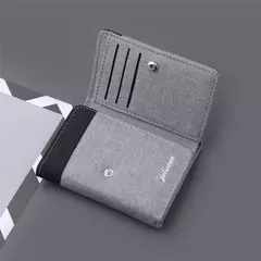 Imagen de Cartera de lona para hombre, tarjeteros de identificación/foto, tarjetero negro/azul/gris, funda tipo billetera con 8 ranuras, monedero masculino con cerrojo, Mini billetera triple para hombre