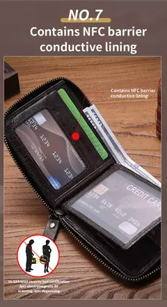 Imagen de Cartera Bullcaptain retro RFID con cremallera y compartimento para hombre, tarjetero RFID, mini cartera de cuero antirrobo para hombre