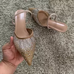Nuevas sandalias de verano para mujer, calzado de tacón alto de malla brillante con diamantes de imitación, zapatos de tacón elegantes con talón descubierto y puntiagudos para fiesta para mujer - online store