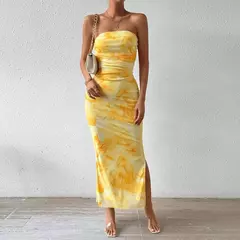 Mia Muse-vestidos de vacaciones de verano con estampado gráfico decente, sin tirantes, sin mangas, con hombros descubiertos, Maxi vestidos con abertura lateral para mujer - Eleganzie