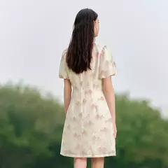 Semir-vestido con estampado de pintura de tinta para mujer, vestido Cheongsam abotonado con mangas de burbuja, novedad de verano 2024 - tienda en línea