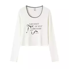 Semir-Camiseta de manga larga para mujer, Top ajustado de encaje suave, estilo corto con lazo y diseño de letras dulces, novedad de otoño, 2024