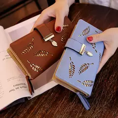 Cartera de moda para mujer, monedero de cuero PU para teléfono, bolsa de hojas huecas para mujer, bolso de mano para mujer, tarjeteros, carteras largas - comprar en línea