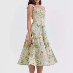 Mia Muse vestidos Primavera Verano moda elegante abertura lateral Floral sin mangas cuello cuadrado Midi vestidos con adornos de lechuga para mujer - tienda en línea