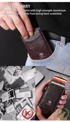 Bullcaptain-tarjetero para hombre, billetera con bloqueo RFID, caja de aluminio protegida, billeteras de cuero con Clip para dinero, tarjetero - Eleganzie