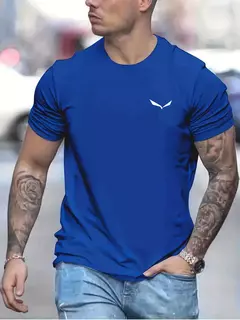 Image of Camiseta de manga corta con cuello redondo informal ajustada con estampado de aves 100% algodón de talla grande de verano para hombre