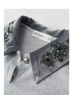 TOYOUTH-sudaderas con capucha para mujer, Jersey de manga larga con cuello vuelto y bordado de cuentas, Tops grises, otoño 2024