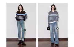 TOYOUTH-suéter de punto para mujer, suéter con capucha y cuello tipo Polo con cremallera a rayas, otoño e invierno, 2024 - comprar en línea