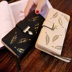 Cartera de moda para mujer, monedero de cuero PU para teléfono, bolsa de hojas huecas para mujer, bolso de mano para mujer, tarjeteros, carteras largas - comprar en línea