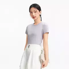 Semir-Camiseta de manga corta para mujer, Top recortado bordado ajustado informal, Top básico con cuello redondo y hombros descubiertos, novedad de verano 2025 - buy online