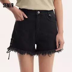Semir-pantalones cortos de cintura alta para mujer, Shorts negros con borde enrollado, alargamiento de piernas, novedad de verano 2024 en internet