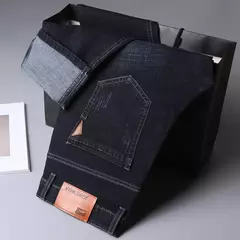 Imagen de Pantalones vaqueros elásticos de Ajuste Recto para hombre, pantalones vaqueros suaves de color negro, 2023