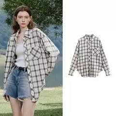 TOYOUTH, blusa de manga larga para mujer, camisa informal con cuello vuelto Retro a cuadros de algodón, primavera 2025, Tops en internet