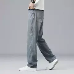 Imagen de 2025, nuevo verano, pantalones vaqueros ultrafinos de Lyocell para hombre, tela suave drapeada, pantalones vaqueros informales rectos sueltos, pantalones elásticos de seda helada para hombre