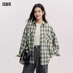 Semir camisa de manga larga para mujer estilo medio largo de gran tamaño primavera 2025 nueva primavera Top a cuadros Vintage - comprar en línea