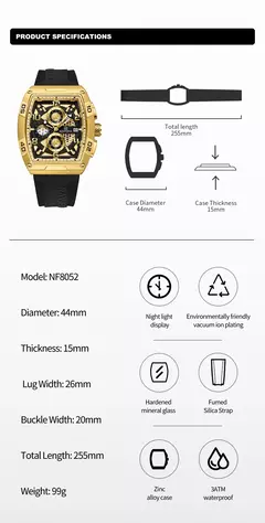 Image of Marca de moda NAVIFORCE, relojes de cuarzo con diseño dorado para hombre, reloj de pulsera informal para hombre, reloj multifunción de PU resistente al agua de gran diámetro