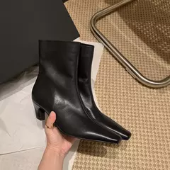 QUTAA-Botines de piel auténtica con tacón cónico para mujer, botas de tacón alto de Metal con punta cuadrada, talla 34-39, para otoño e invierno, 2025