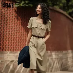 Semir-vestido Midi con abertura y escote cuadrado para mujer, traje utilitario lavado con sal, Estilo Vintage, verano, 2024