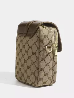 Imagen de Bolso redondo pequeño con cruz diagonal a cuadros para mujer, bolso de hombro con tapa retro en contraste
